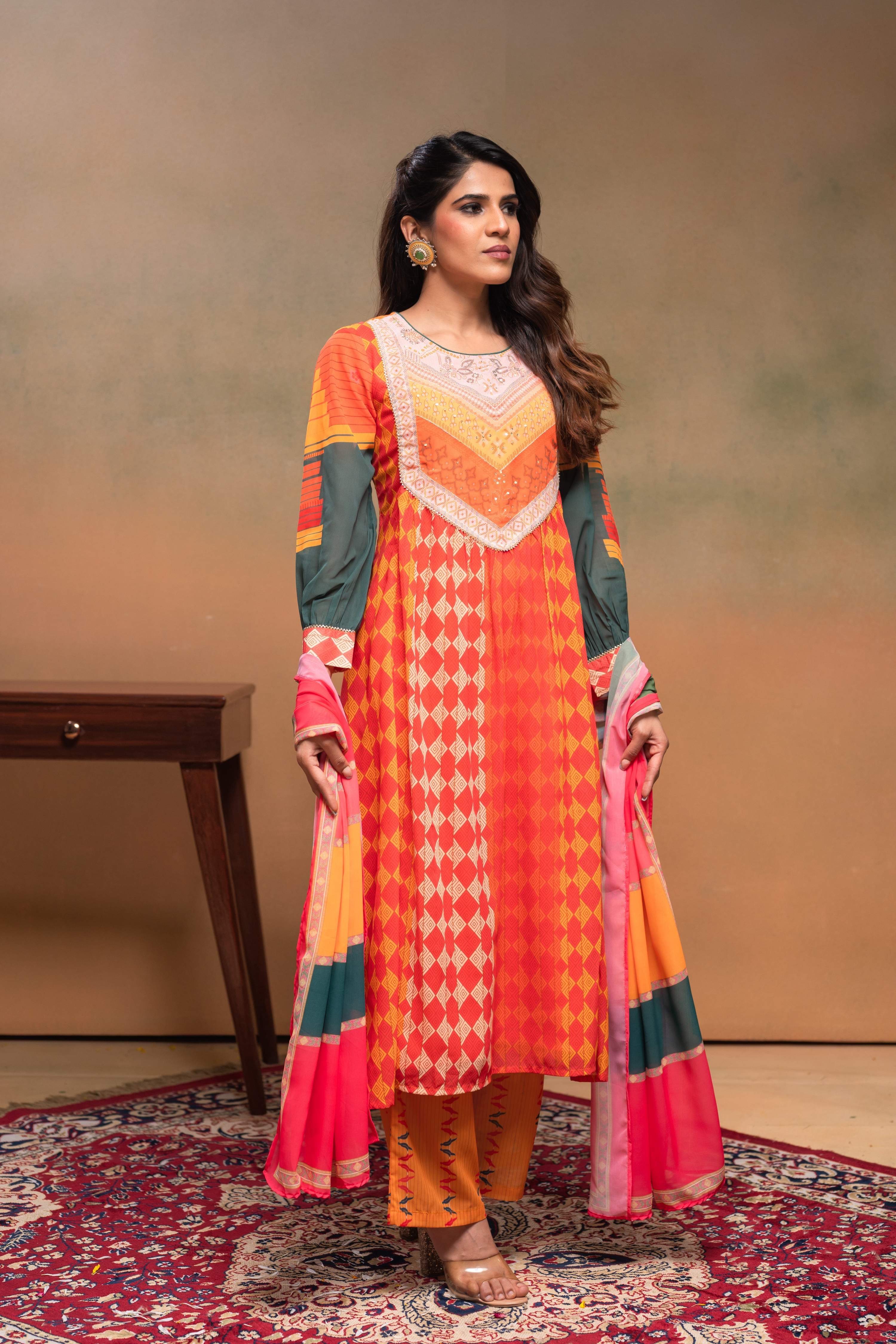 Juniper Orange Man Made Fiber Ethnic Gathered Flared Kurta With Pants & Dupatta Set With Beads & Sequence Work