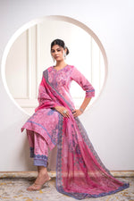 Thumbnail for Juniper Lavender Floral Printed Kurta With Pant And Dupatta, Sequence & Beads Work - Distacart