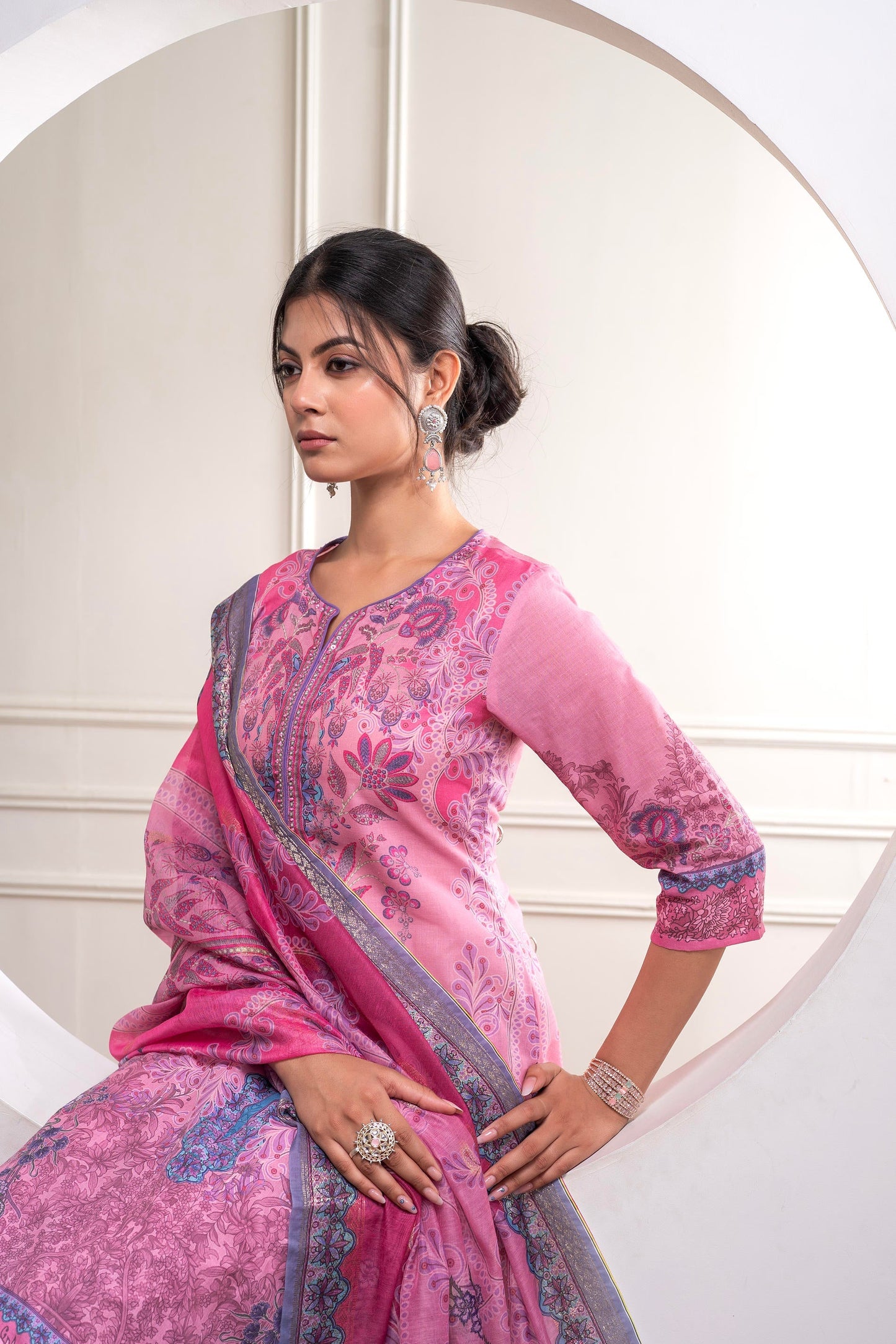Juniper Lavender Floral Printed Kurta With Pant And Dupatta, Sequence & Beads Work - Distacart