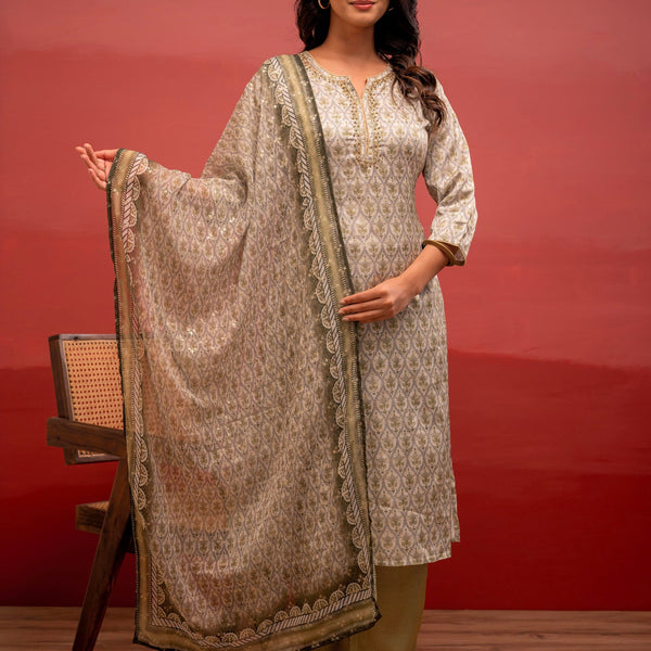 Juniper Green Floral Printed Kurta With Pant And Dupatta, Beads Work