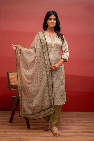 Juniper Green Floral Printed Kurta With Pant And Dupatta, Beads Work