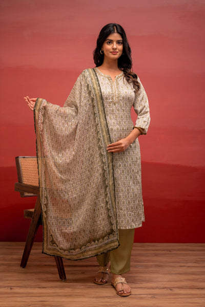 Juniper Green Floral Printed Kurta With Pant And Dupatta, Beads Work
