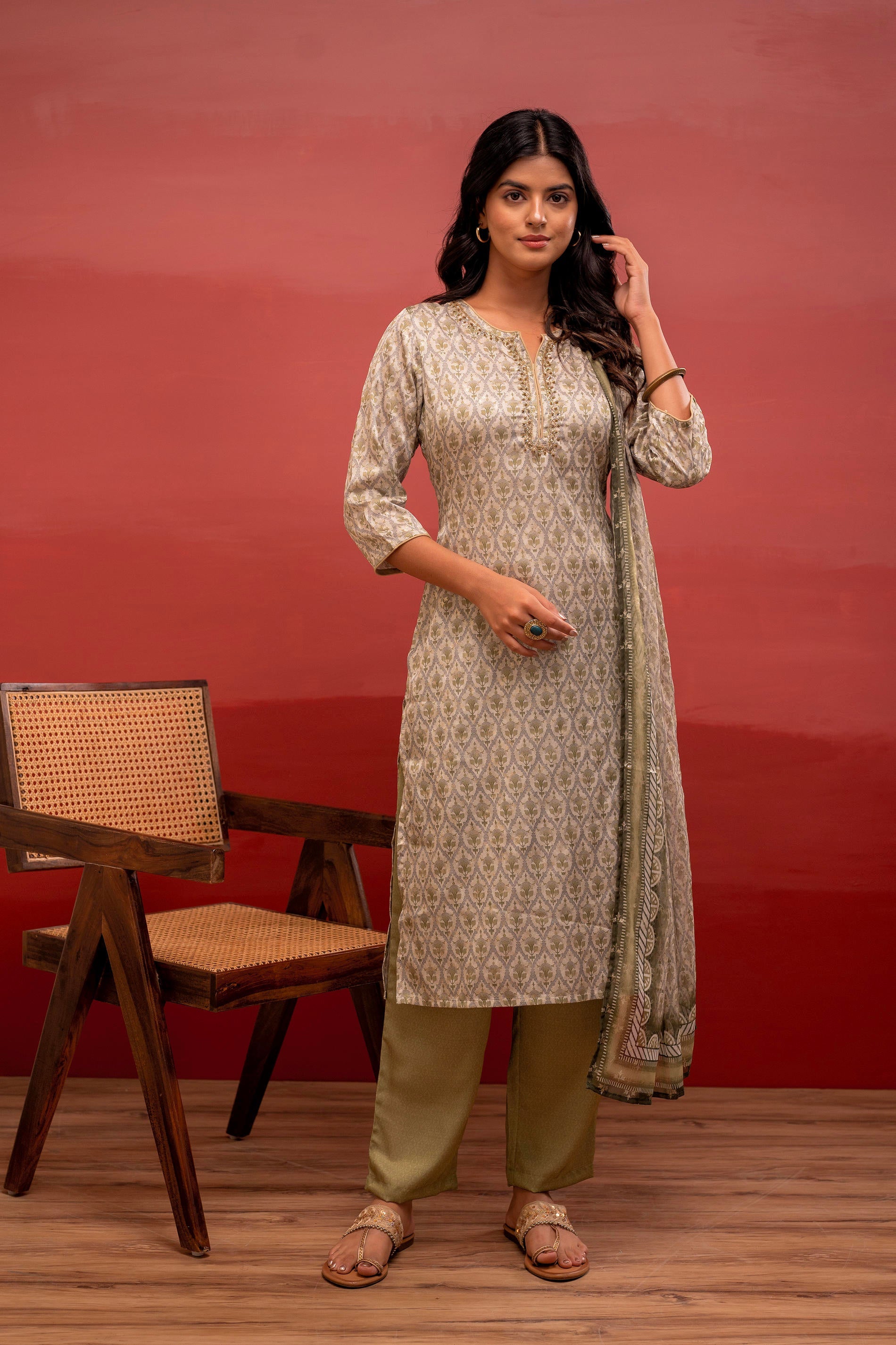 Juniper Green Floral Printed Kurta With Pant And Dupatta, Beads Work