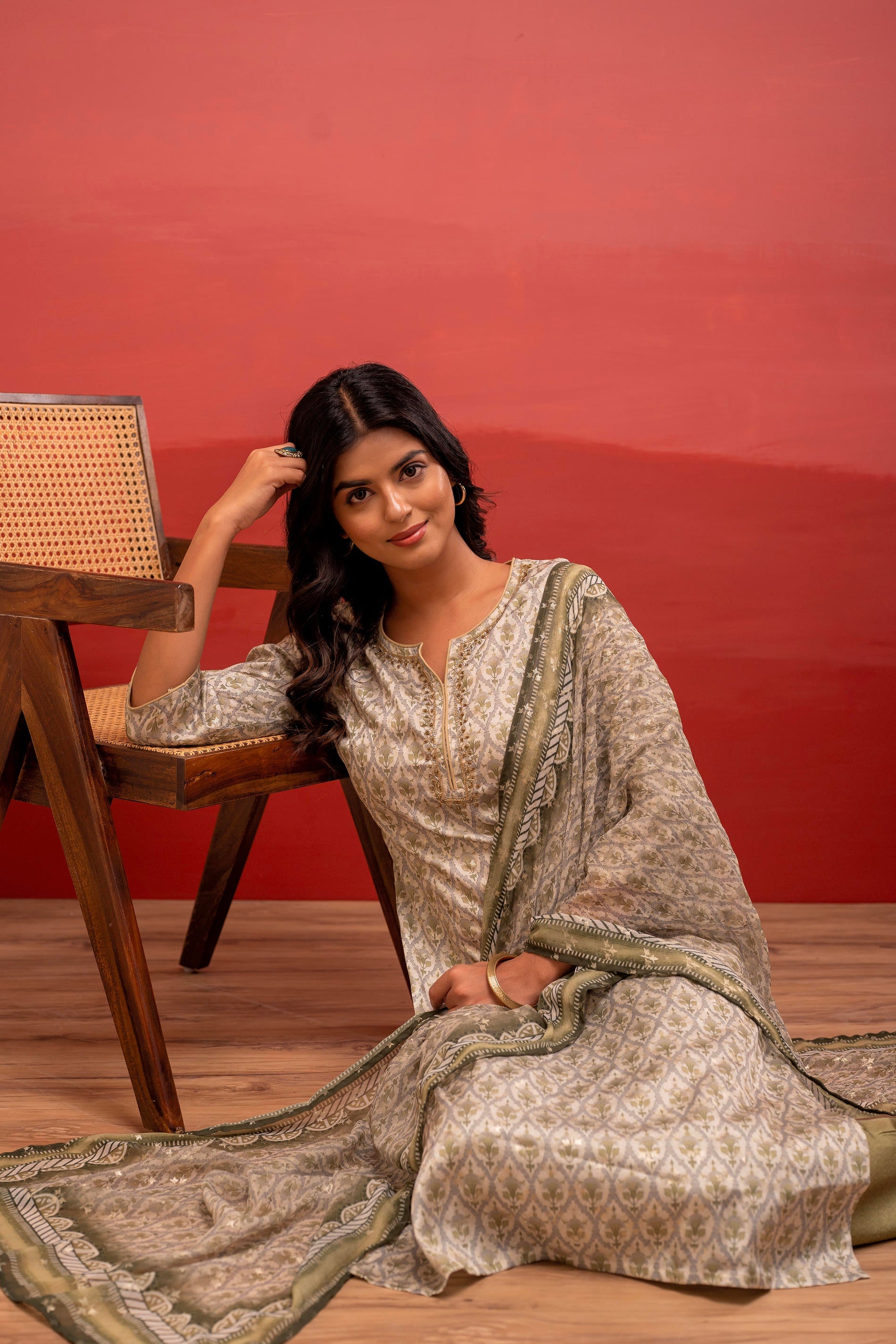 Juniper Green Floral Printed Kurta With Pant And Dupatta, Beads Work