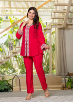 Thumbnail for Juniper Red Embroidered V-Neck Co-Ord Set With Straight Pants - Distacart