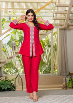 Thumbnail for Juniper Red Embroidered V-Neck Co-Ord Set With Straight Pants - Distacart