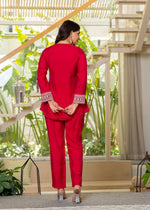 Thumbnail for Juniper Red Embroidered V-Neck Co-Ord Set With Straight Pants - Distacart
