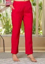 Thumbnail for Juniper Red Embroidered V-Neck Co-Ord Set With Straight Pants - Distacart