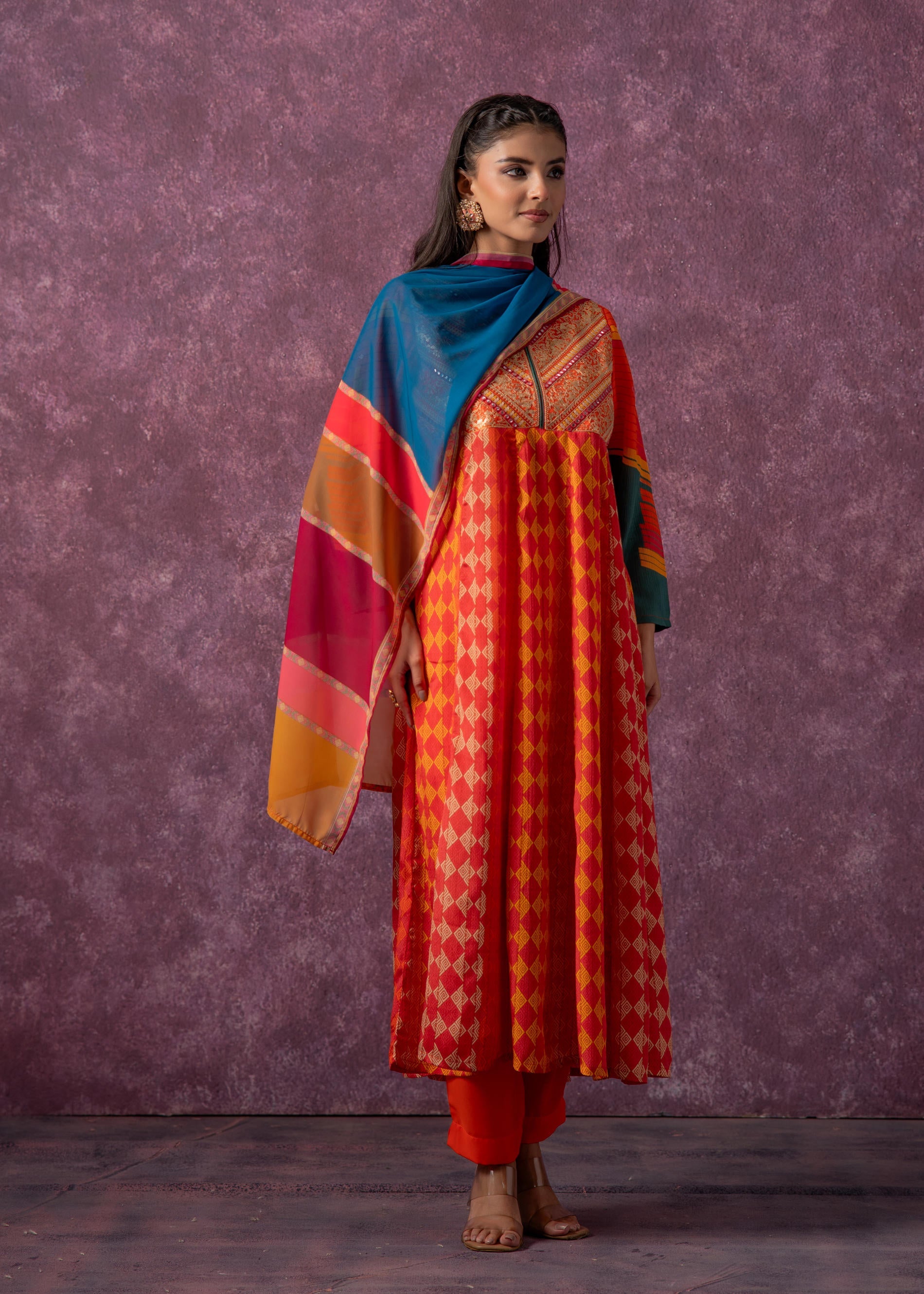Juniper Man Made Fiber Orange Embroidered Color Block Kurta Pant Dupatta Set With Mirror & Thread Work