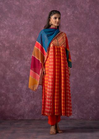 Juniper Man Made Fiber Orange Embroidered Color Block Kurta Pant Dupatta Set With Mirror & Thread Work