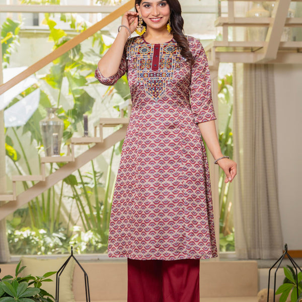 Juniper Ivory Floral Poly Kurta And Pants Set With Mirror, Thread Work And Tassels Detail