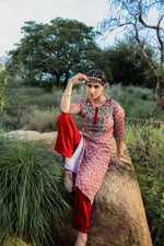 Thumbnail for Juniper Ivory Floral Poly Kurta And Pants Set With Mirror, Thread Work And Tassels Detail