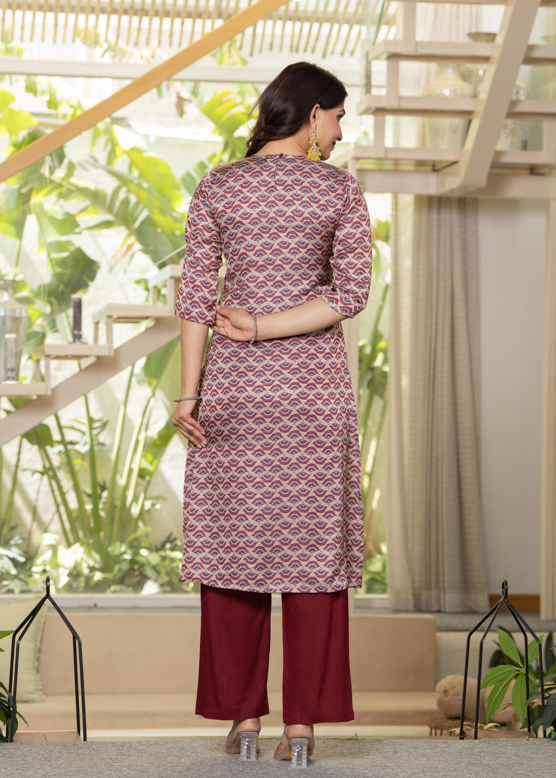 Juniper Ivory Floral Poly Kurta And Pants Set With Mirror, Thread Work And Tassels Detail