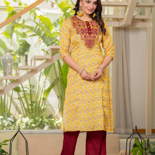 Juniper Yellow Floral Poly Kurta And Pants Set With Mirror, Thread Work