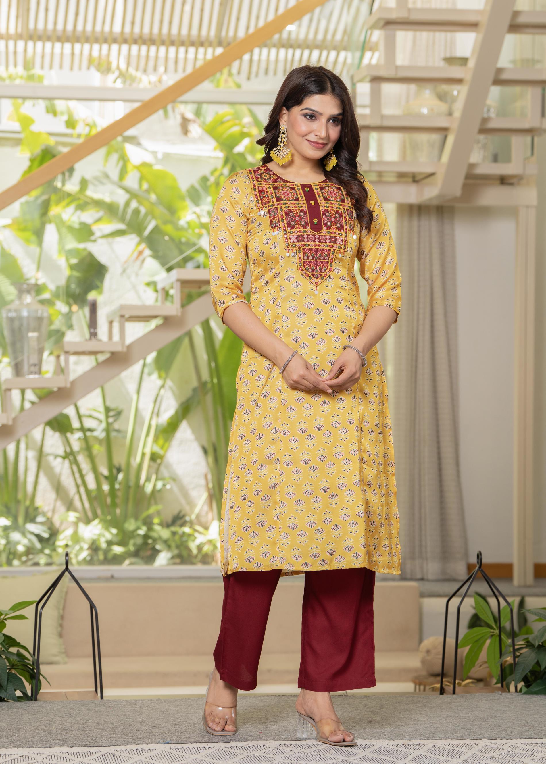 Juniper Yellow Floral Poly Kurta And Pants Set With Mirror, Thread Work