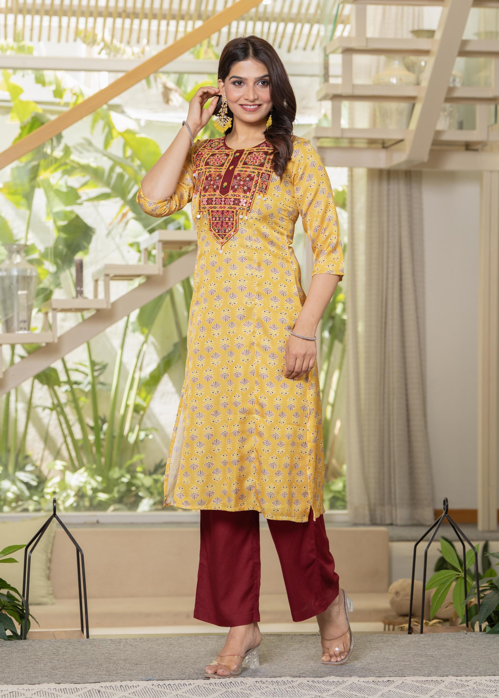 Juniper Yellow Floral Poly Kurta And Pants Set With Mirror, Thread Work