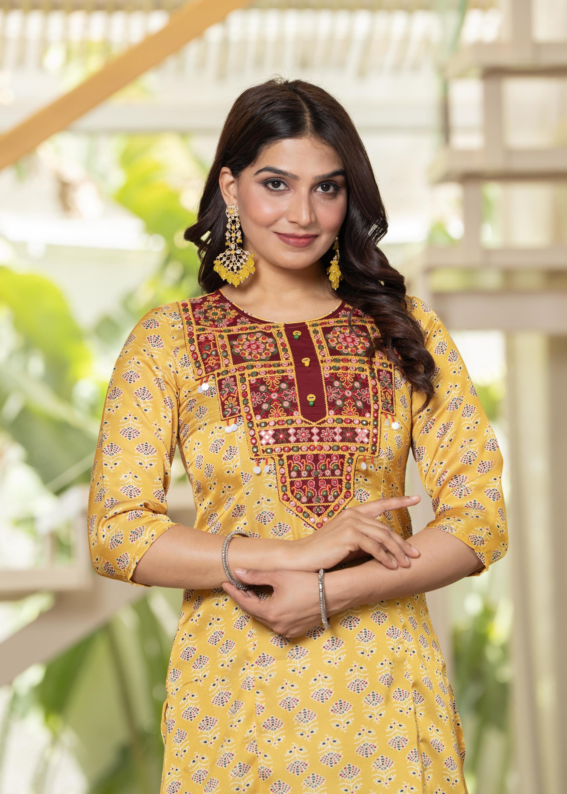 Juniper Yellow Floral Poly Kurta And Pants Set With Mirror, Thread Work
