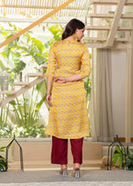 Thumbnail for Juniper Yellow Floral Poly Kurta And Pants Set With Mirror, Thread Work