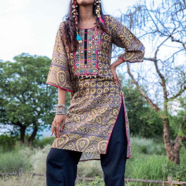 Juniper Polycotton Mustard Embroidered Kurta Pant Set With Mirror, Thread Work & Tassels