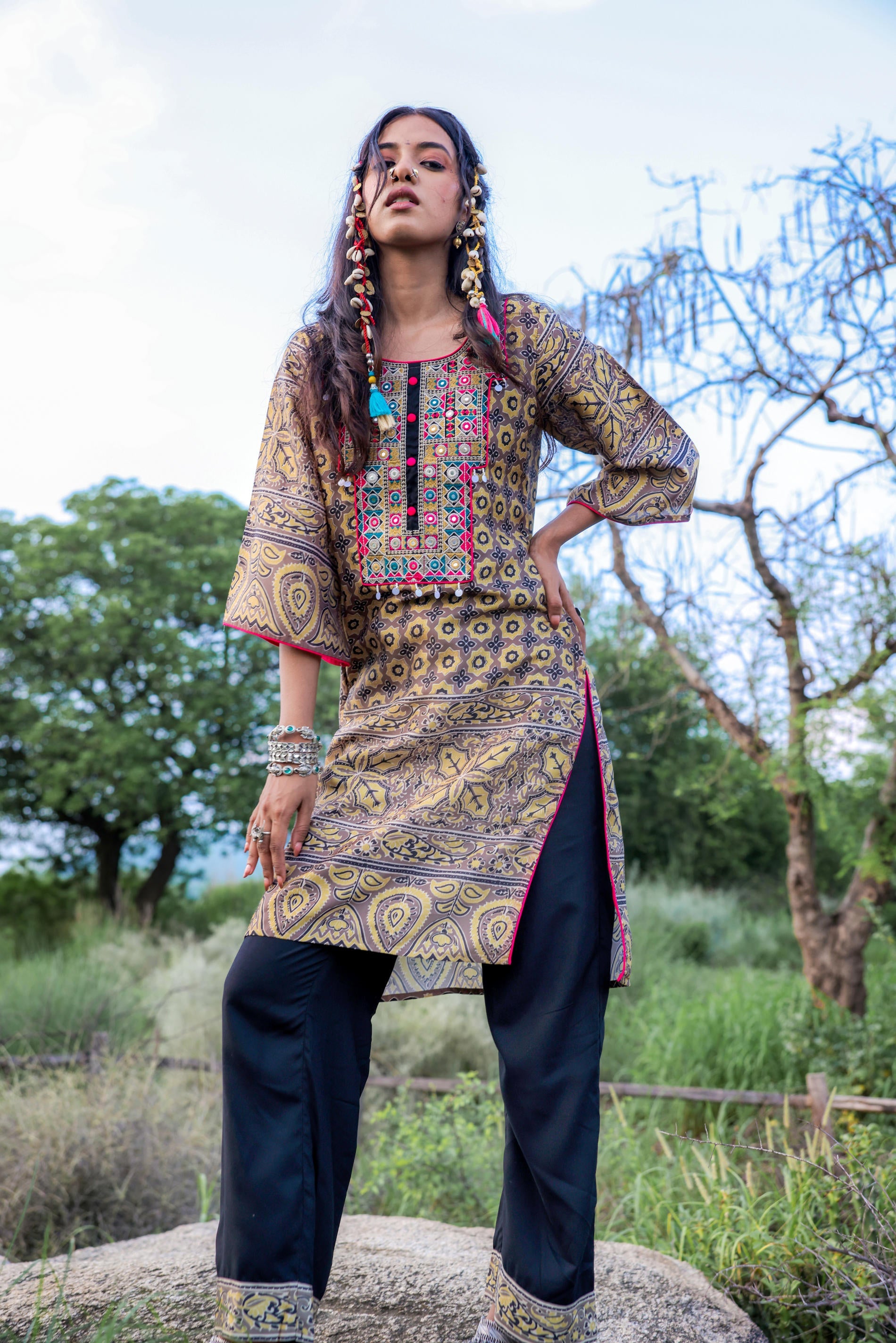 Juniper Polycotton Mustard Embroidered Kurta Pant Set With Mirror, Thread Work & Tassels