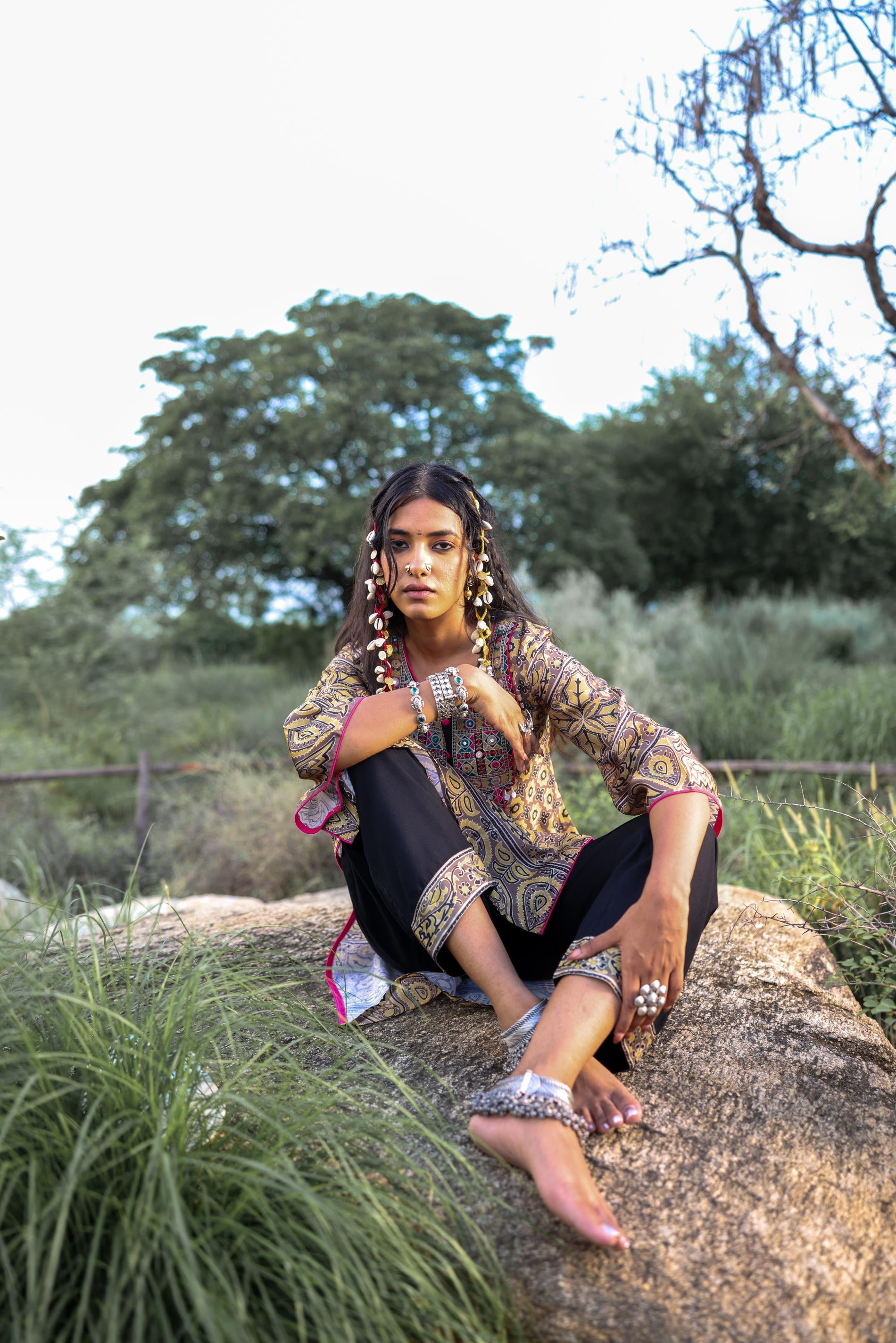 Juniper Polycotton Mustard Embroidered Kurta Pant Set With Mirror, Thread Work & Tassels