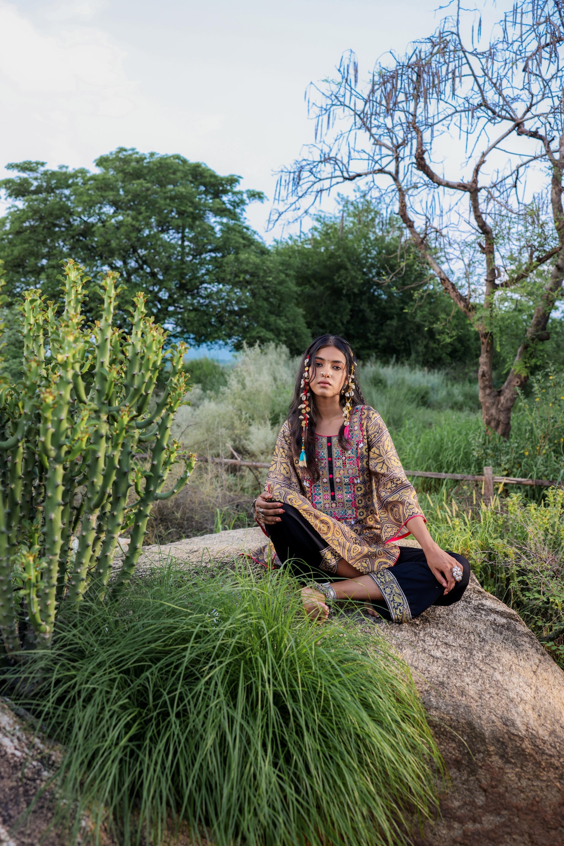 Juniper Polycotton Mustard Embroidered Kurta Pant Set With Mirror, Thread Work & Tassels