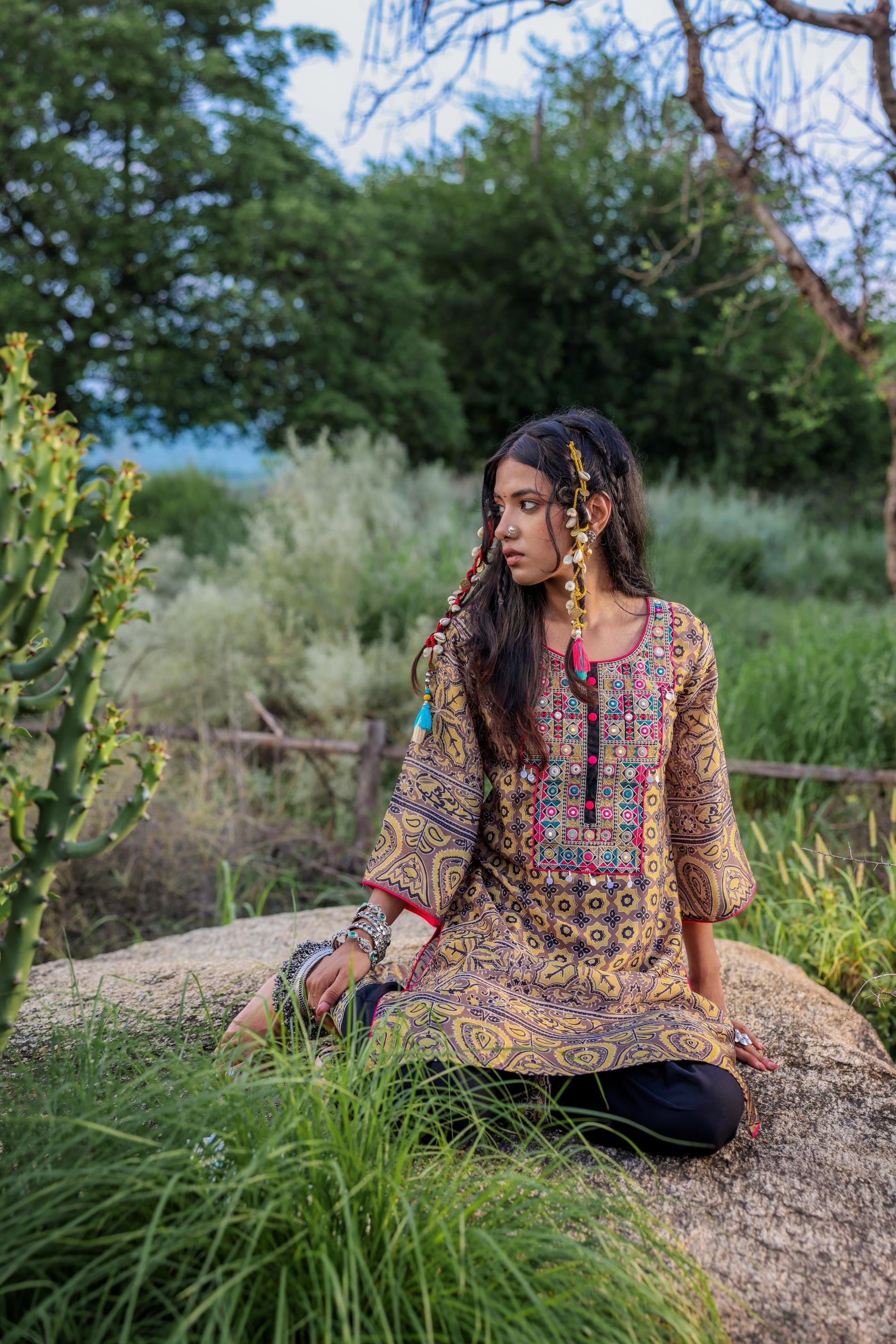 Juniper Polycotton Mustard Embroidered Kurta Pant Set With Mirror, Thread Work & Tassels