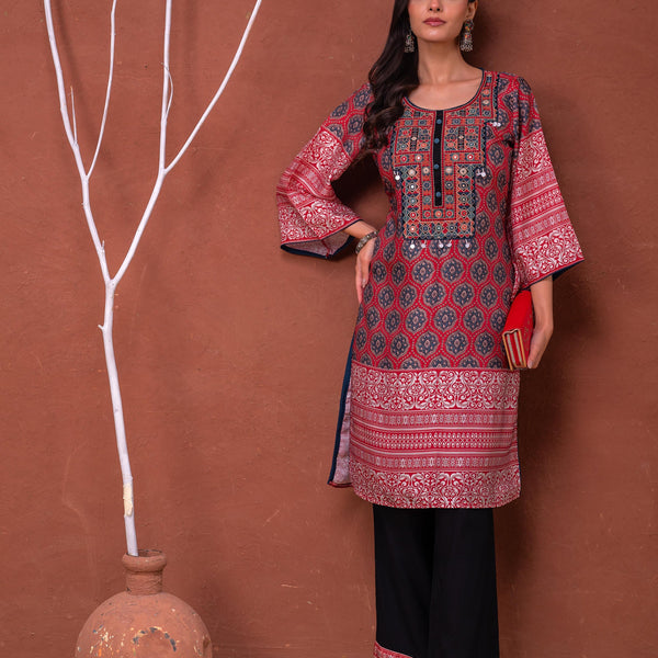 Juniper Polycotton Maroon Embroidered Kurta Pant Set With Mirror, Thread Work & Tassels