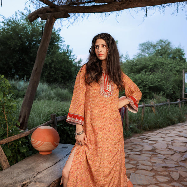 Juniper Mustard Embroidered A-Line Kurta With Mirror & Thread Work