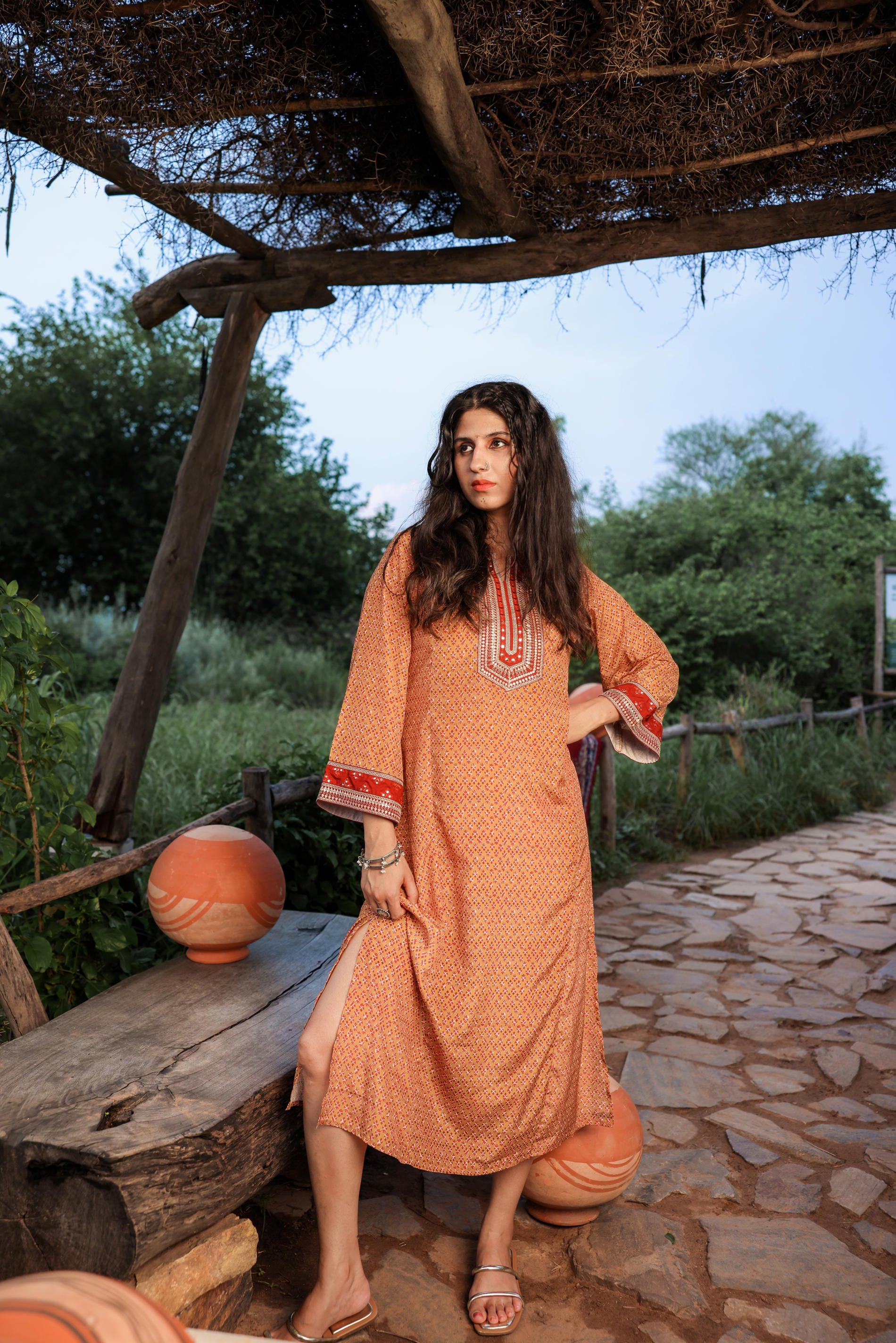 Juniper Mustard Embroidered A-Line Kurta With Mirror & Thread Work