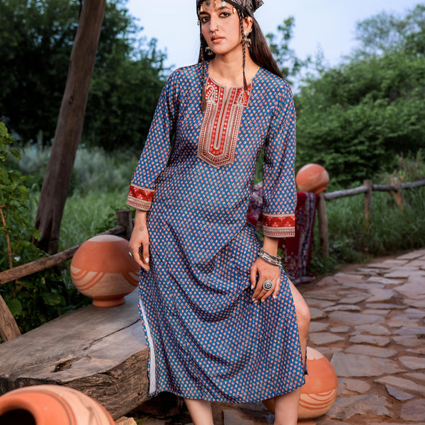 Juniper Teal Ethnic Motif Embroidered A-Line Kurta With Zari & Mirror Work