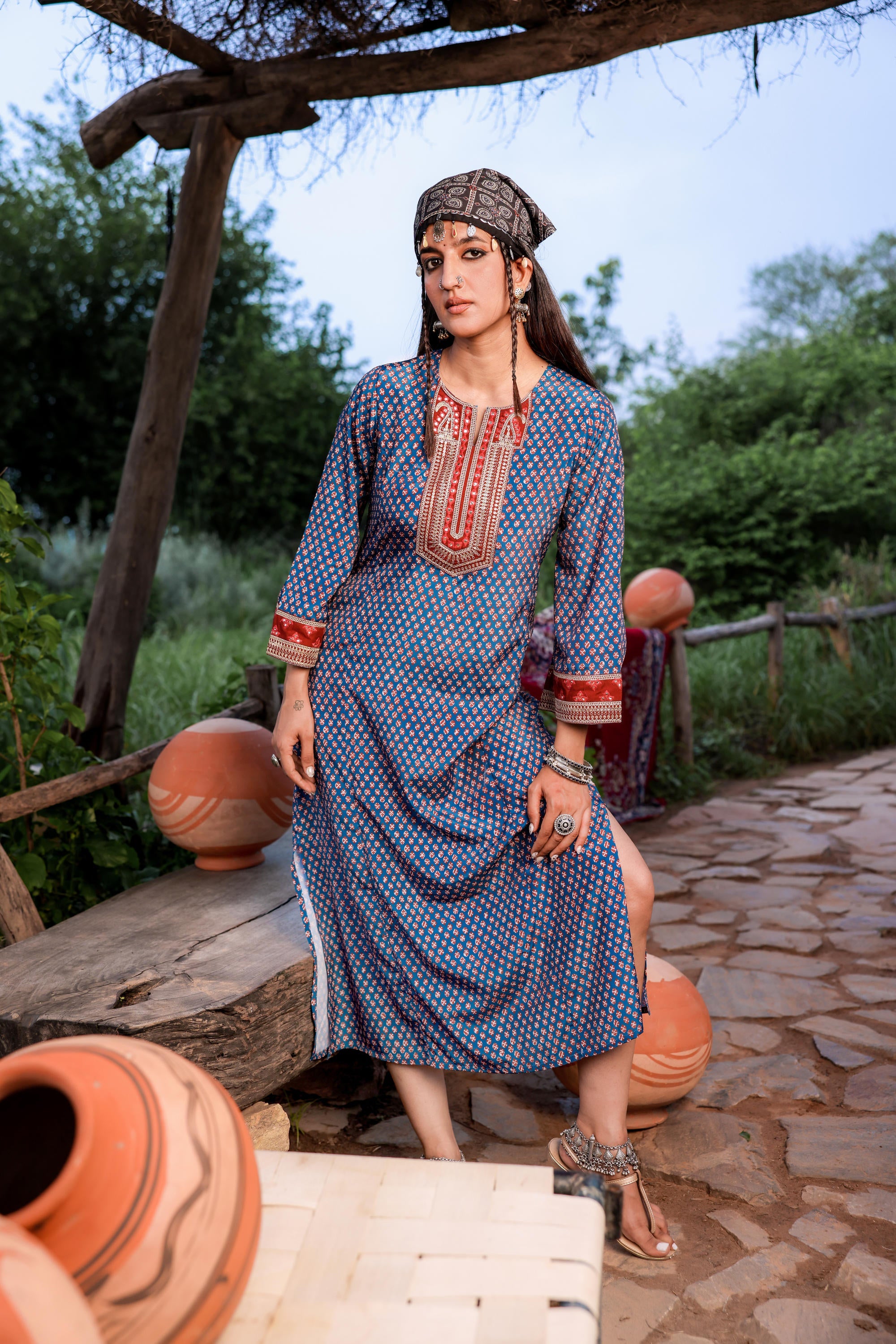 Juniper Teal Ethnic Motif Embroidered A-Line Kurta With Zari & Mirror Work