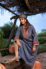 Thumbnail for Juniper Teal Ethnic Motif Embroidered A-Line Kurta With Zari & Mirror Work