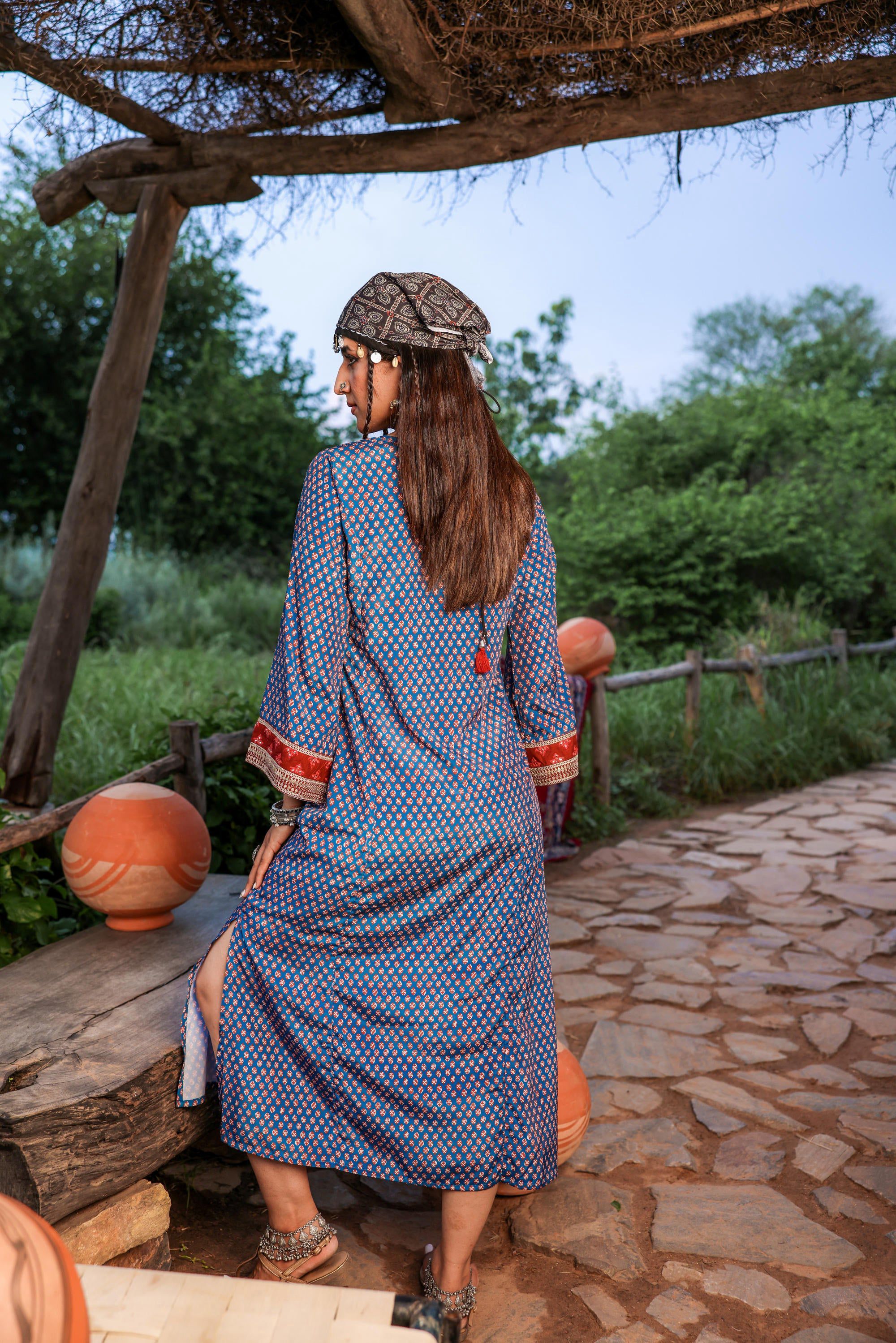 Juniper Teal Ethnic Motif Embroidered A-Line Kurta With Zari & Mirror Work