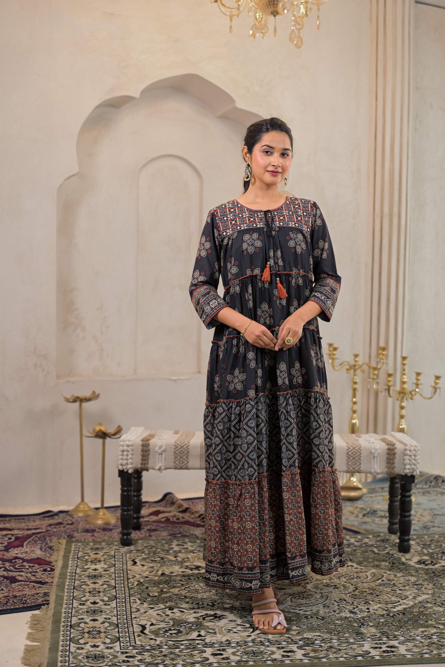 Juniper Black Man Made Fiber Ethnic Tiered Flared Long Dress With Mirror & Thread Work - Distacart