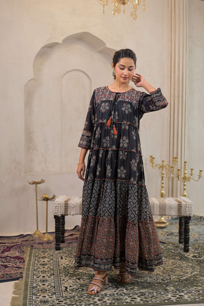 Juniper Black Man Made Fiber Ethnic Tiered Flared Long Dress With Mirror & Thread Work - Distacart