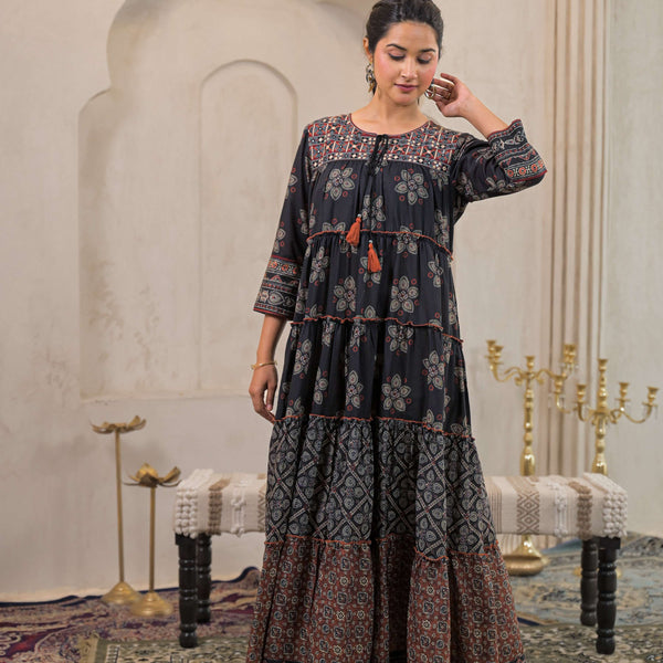 Juniper Black Man Made Fiber Ethnic Tiered Flared Long Dress With Mirror & Thread Work