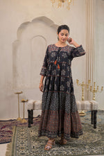 Thumbnail for Juniper Black Man Made Fiber Ethnic Tiered Flared Long Dress With Mirror & Thread Work