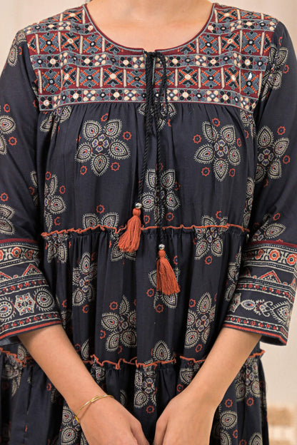 Juniper Black Man Made Fiber Ethnic Tiered Flared Long Dress With Mirror & Thread Work - Distacart