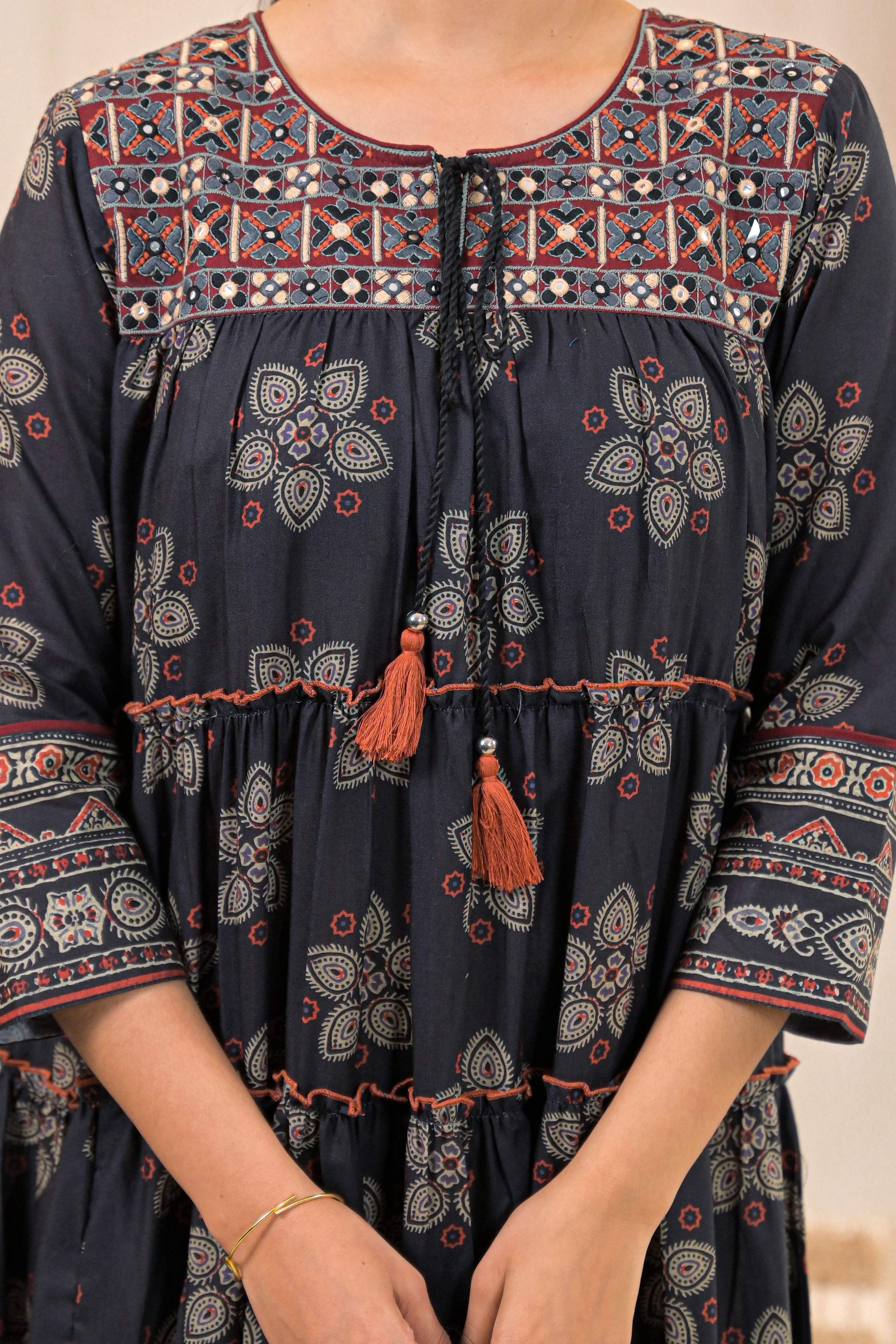 Juniper Black Man Made Fiber Ethnic Tiered Flared Long Dress With Mirror & Thread Work