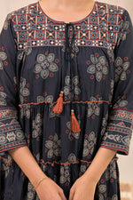 Thumbnail for Juniper Black Man Made Fiber Ethnic Tiered Flared Long Dress With Mirror & Thread Work