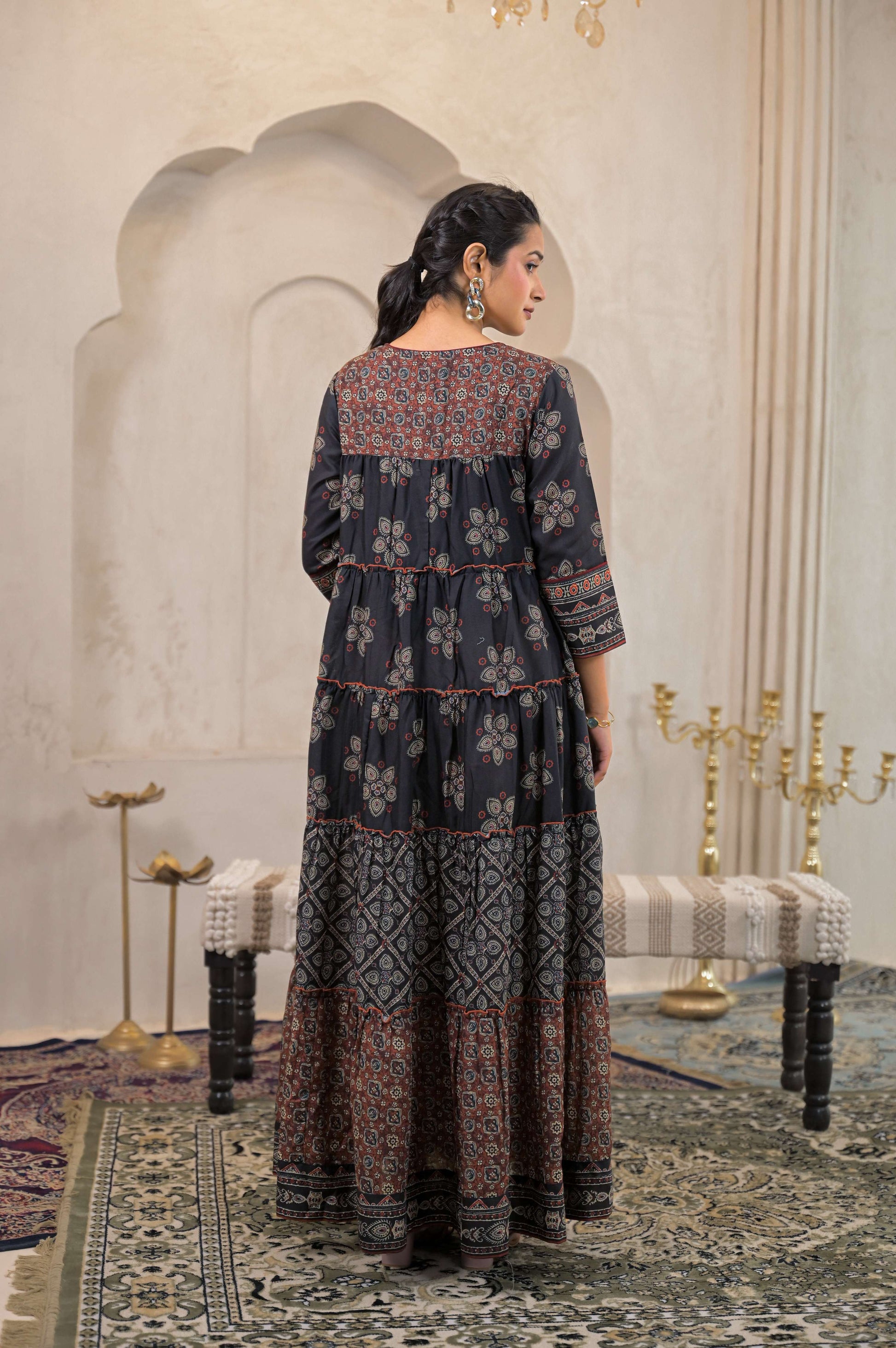 Juniper Black Man Made Fiber Ethnic Tiered Flared Long Dress With Mirror & Thread Work - Distacart