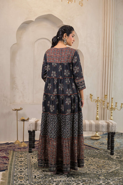 Juniper Black Man Made Fiber Ethnic Tiered Flared Long Dress With Mirror & Thread Work - Distacart