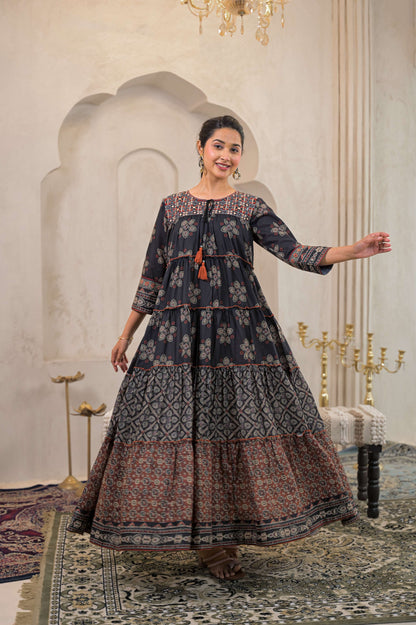 Juniper Black Man Made Fiber Ethnic Tiered Flared Long Dress With Mirror & Thread Work - Distacart
