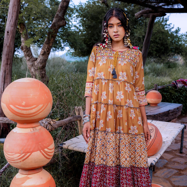 Juniper Mustard Embroidered Anarkali Long Dress With Tassels & Mirror Work - Distacart