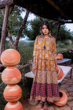 Thumbnail for Juniper Mustard Embroidered Anarkali Long Dress With Tassels & Mirror Work