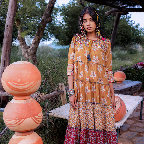 Juniper Mustard Embroidered Anarkali Long Dress With Tassels & Mirror Work