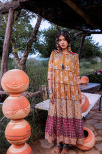 Thumbnail for Juniper Mustard Embroidered Anarkali Long Dress With Tassels & Mirror Work