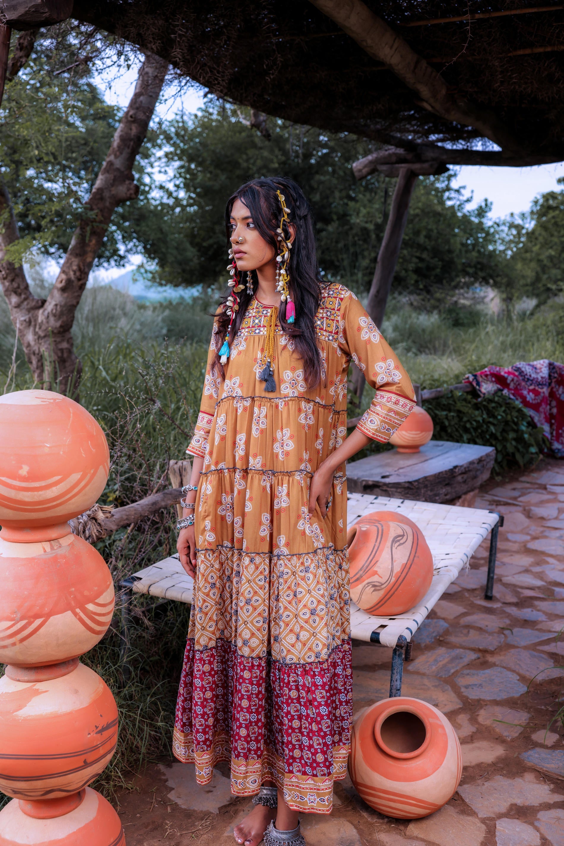 Juniper Mustard Embroidered Anarkali Long Dress With Tassels & Mirror Work