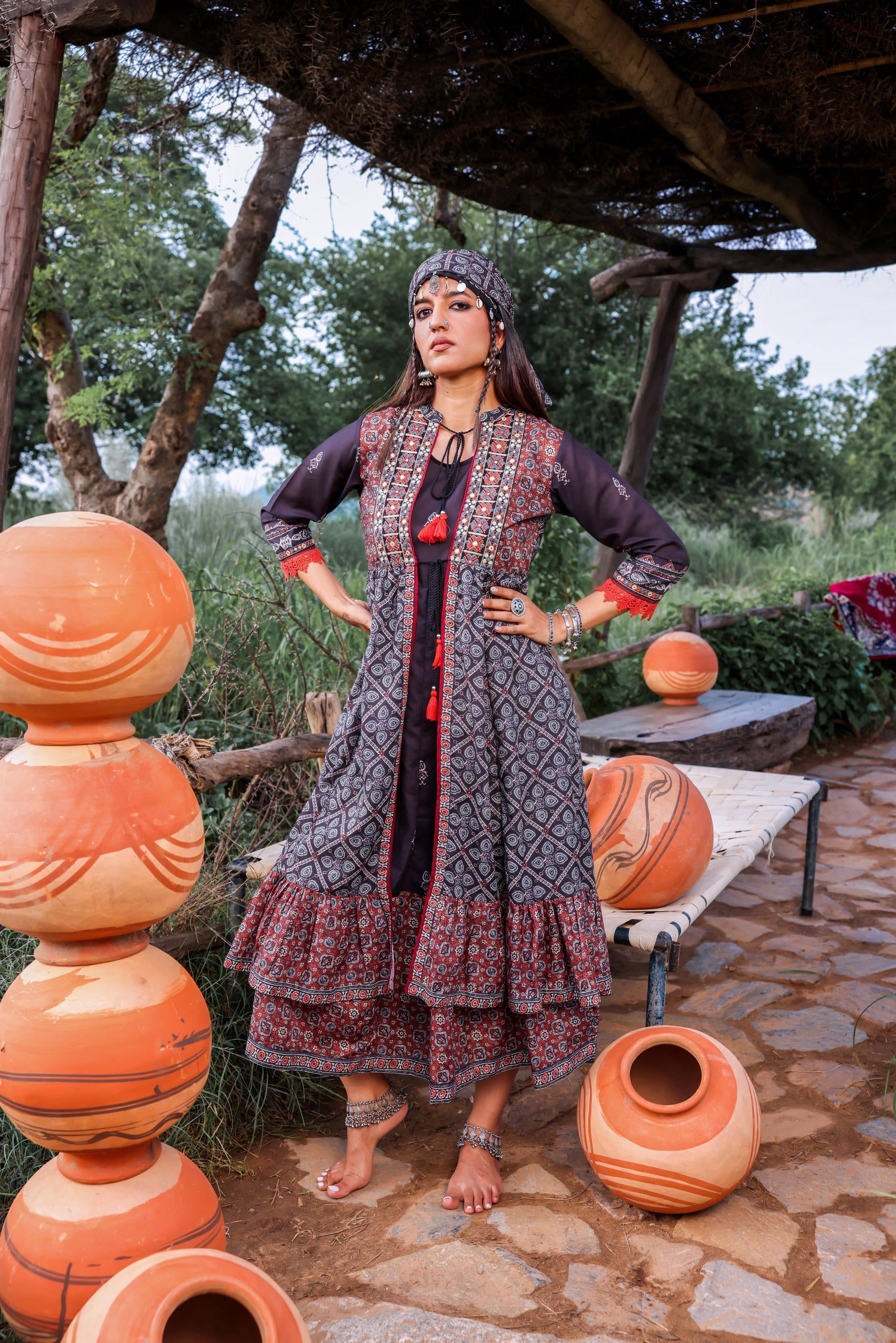 Juniper Black Embroidered Double-Layered Long Dress With Inner & Mirror Work